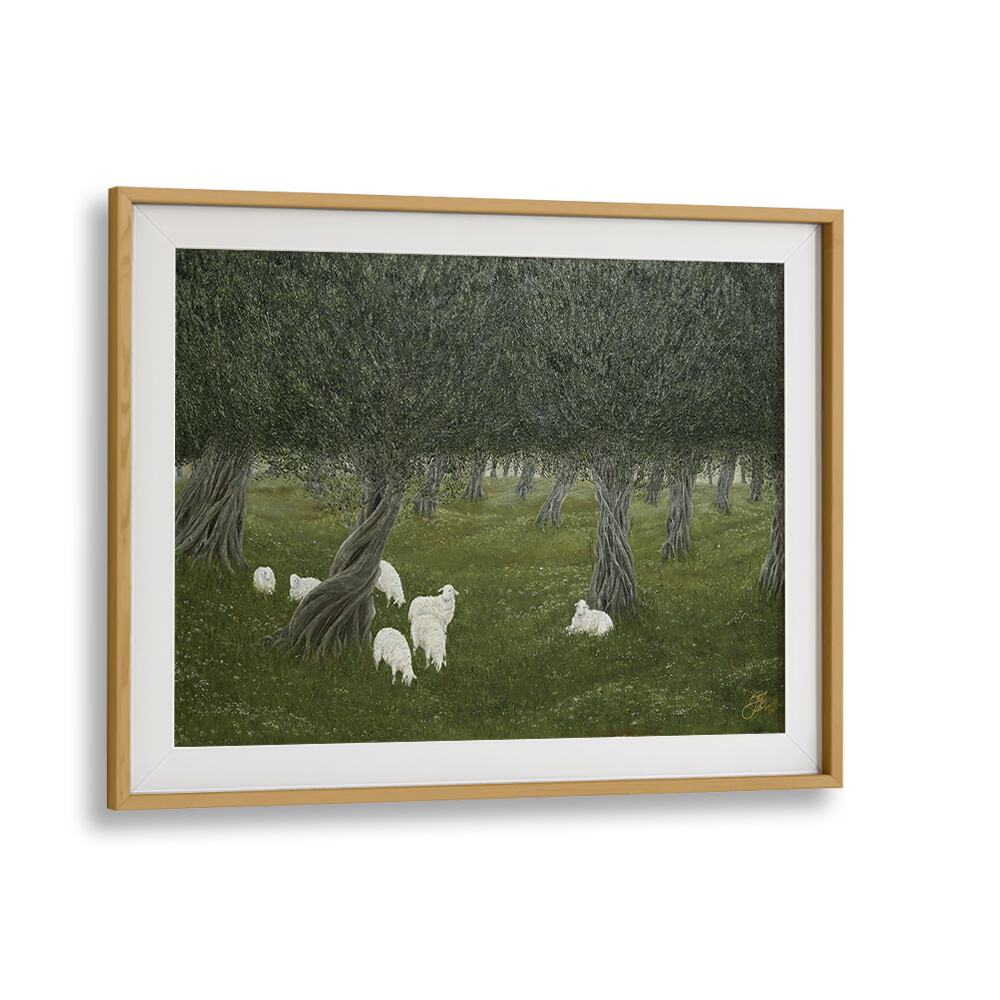 SHAMBLE GROVE, ANIMAL PAINTINGS: a serene artwork featuring sheep under olive trees, perfect for enhancing your space.