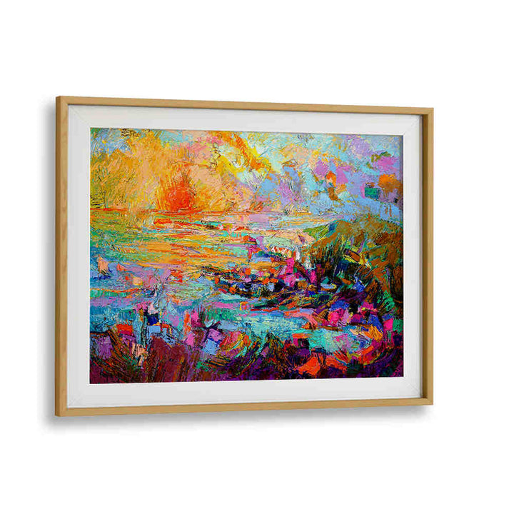 Oakwood Mount SUNSET OVER , LANDSCAPE PAINTINGS framed vibrant textured sunset landscape with warm layered hues
