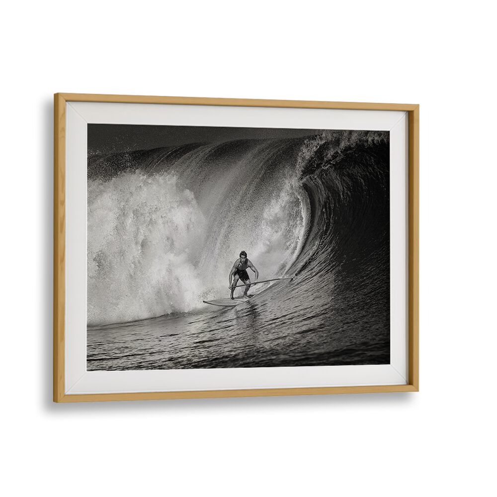 Stunning black and white scene of a surfer riding a wave, featured in THE KING OF PADDLE, PHOTOGRAPHY PRINTS collection.