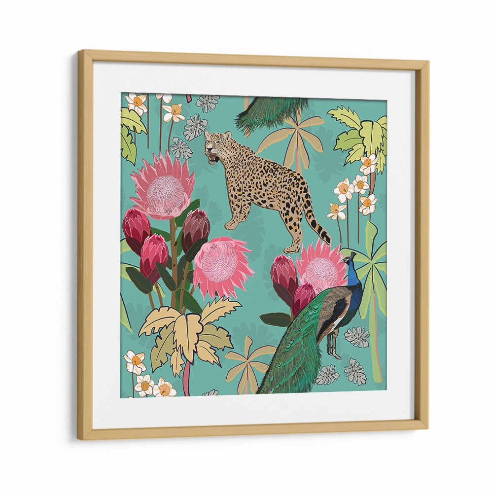 TIGER AND PEACOCK , ANIMAL PAINTINGS Oakwood Mount — tiger and peacock among pink protea and tropical leaves on teal