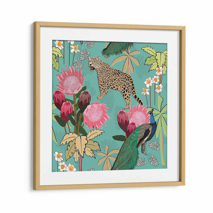 TIGER AND PEACOCK , ANIMAL PAINTINGS Oakwood Mount — tiger and peacock among pink protea and tropical leaves on teal