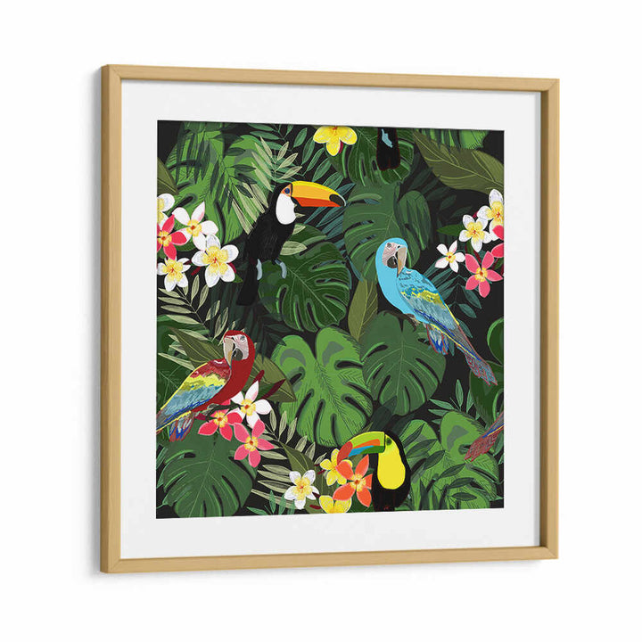 TROPICAL FOREST BLACK , ANIMAL PAINTINGS Oakwood Mount framed print with toucans, parrots, monstera leaves