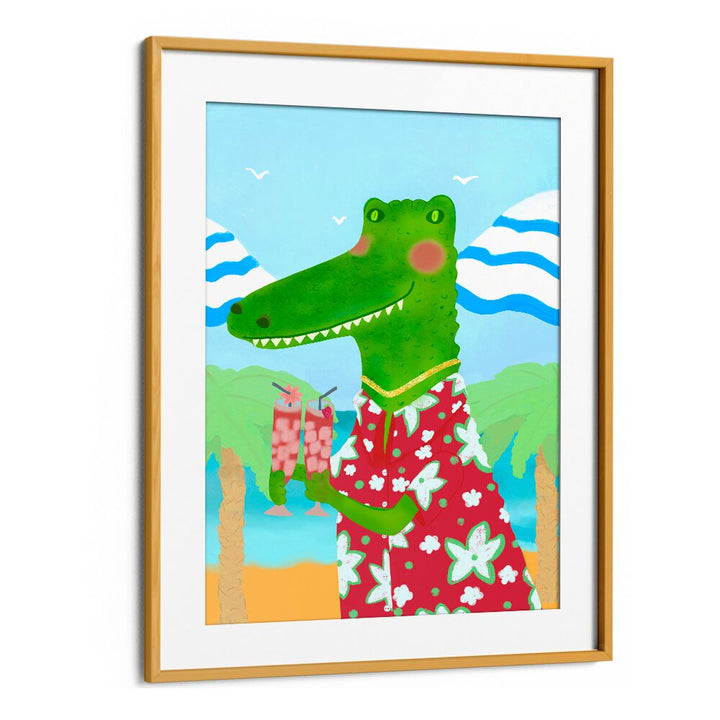 Playful crocodile enjoying tropical refreshments in vibrant Kids Room Paintings for a colorful space transformation.