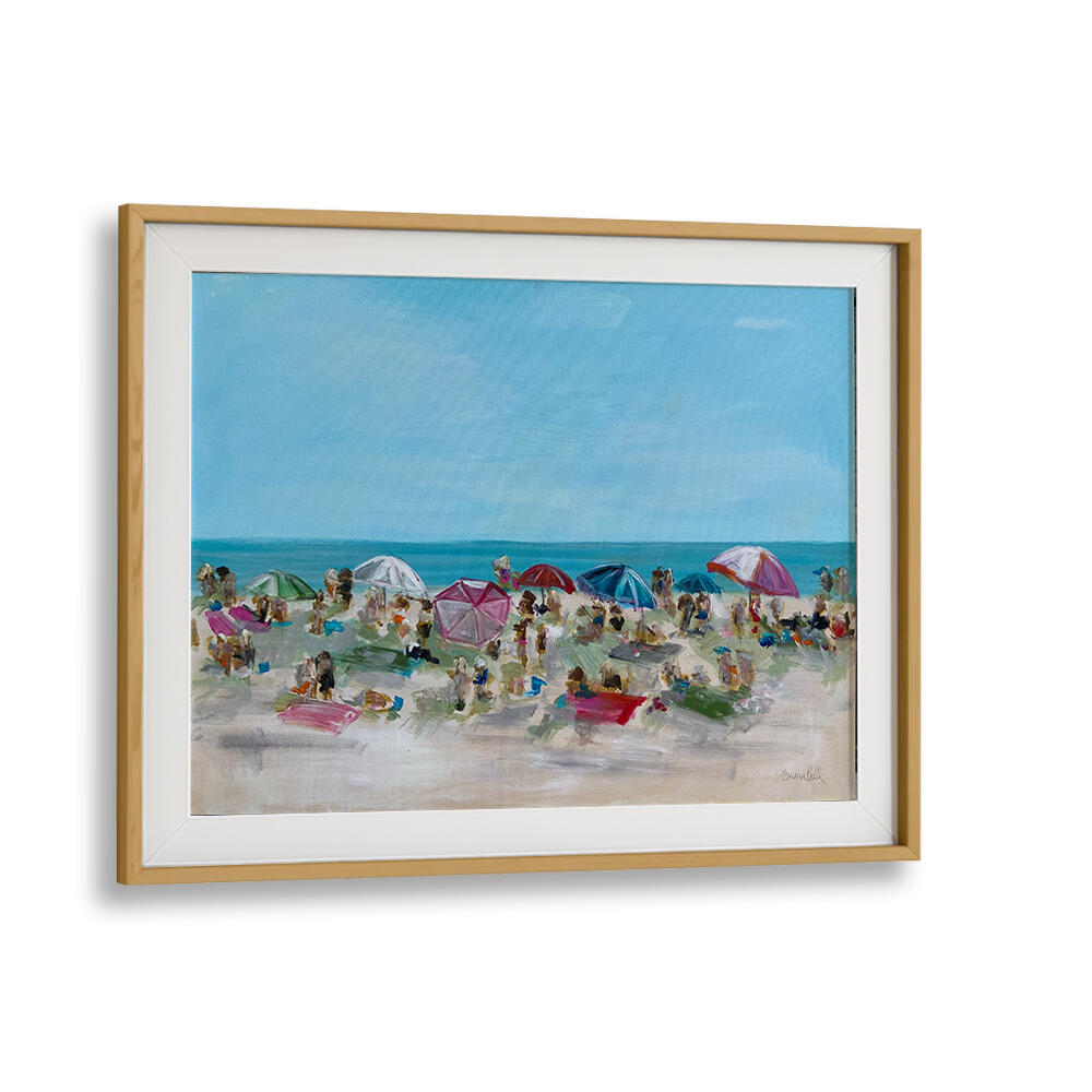 Vibrant UMBRELLA GATHERING, BEACH PAINTINGS showcasing sun-soaked beach scenes, perfect for coastal decor lovers.