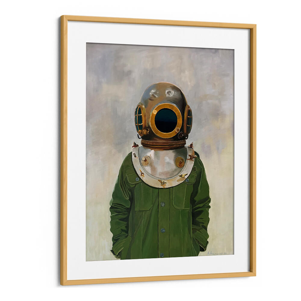 VINTAGE DIVER'S HELMET ON A PERSON , PORTRAITS & FIGURATIVE ILLUSTRATIONS