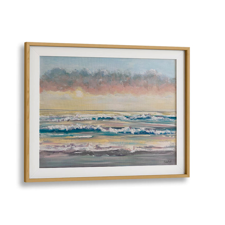 Serene WAVES AT DAWN, BEACH PAINTINGS in a gold frame, perfect for enhancing coastal living spaces.