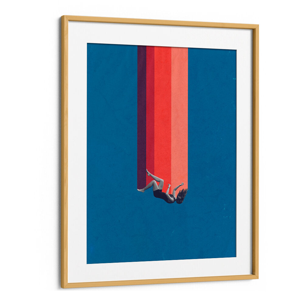 Surreal art print "FALLING LOVE" showcases a figure suspended against bold colors, perfect for artistic spaces.