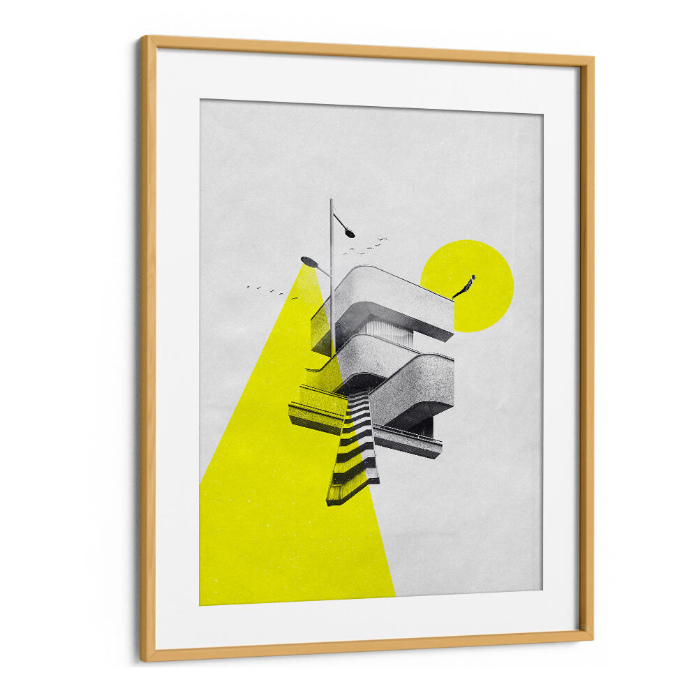 Stylish FIRST STEP, SURREAL ART PRINTS featuring a unique architectural design and bold colors in a modern frame.