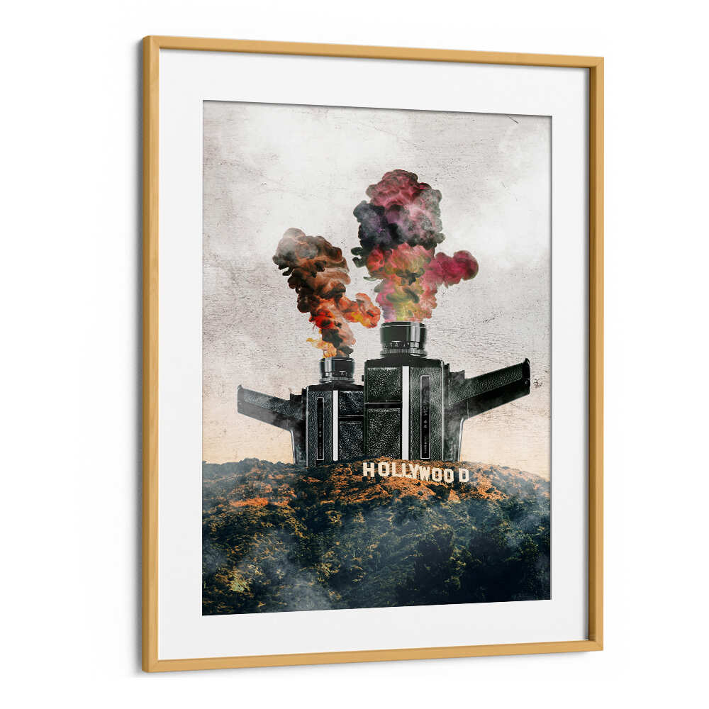 Surreal art print featuring a dramatic Hollywood scene with smokestacks, perfect for unique decor. HOLLYWOOD, SURREAL ART PRINTS.