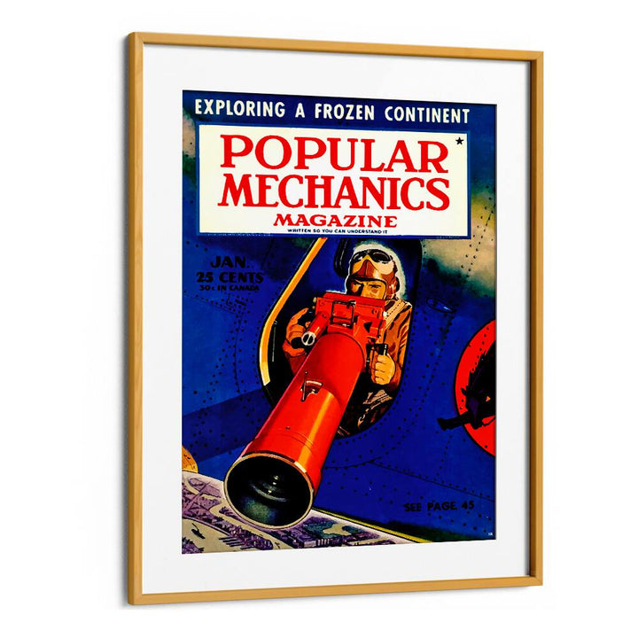 Framed POPLUAR MECHANICS, VINTAGE TRAVEL POSTERS showcasing an adventurous retro design for your decor.