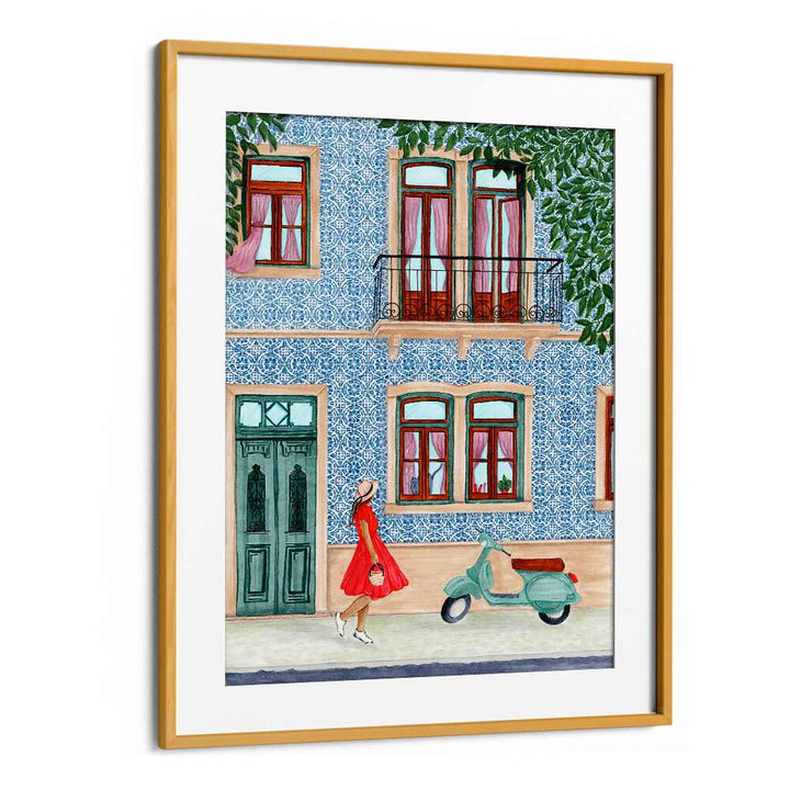 Stylish lady in red dress walking by a scooter, perfect for vibrant decor in any bar or cafe. LADY WITH SCOOTER, BAR.