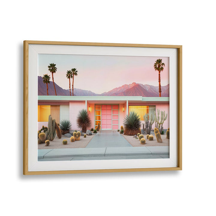 Bright retro Palm Springs scene featuring vibrant plants and modern architecture, perfect for beach paintings lovers.