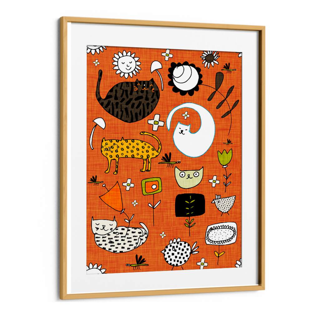 Colorful SPRING CAT ORANGE, KIDS ROOM PAINTINGS featuring playful cats and flowers, perfect for brightening kids' spaces.