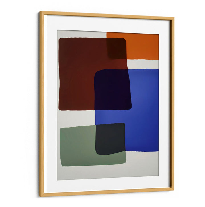 OUT OF THE BOX, ABSTRACT PAINTINGS with bold color blocks in brown, orange, blue, and green by Oakwood Mount.