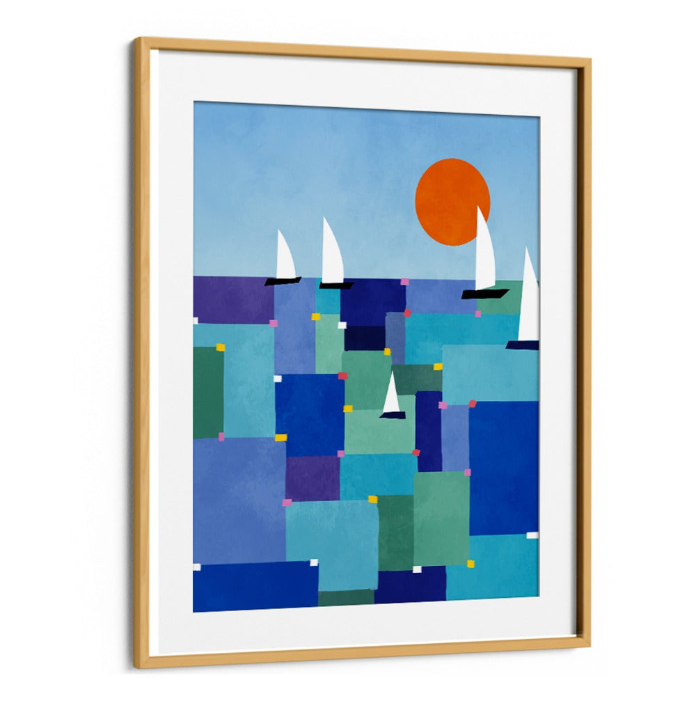 Vibrant RADIANT OCEAN VOYAGE, BEACH PAINTINGS showcasing colorful sails and a sunset, perfect for ocean lovers' decor.