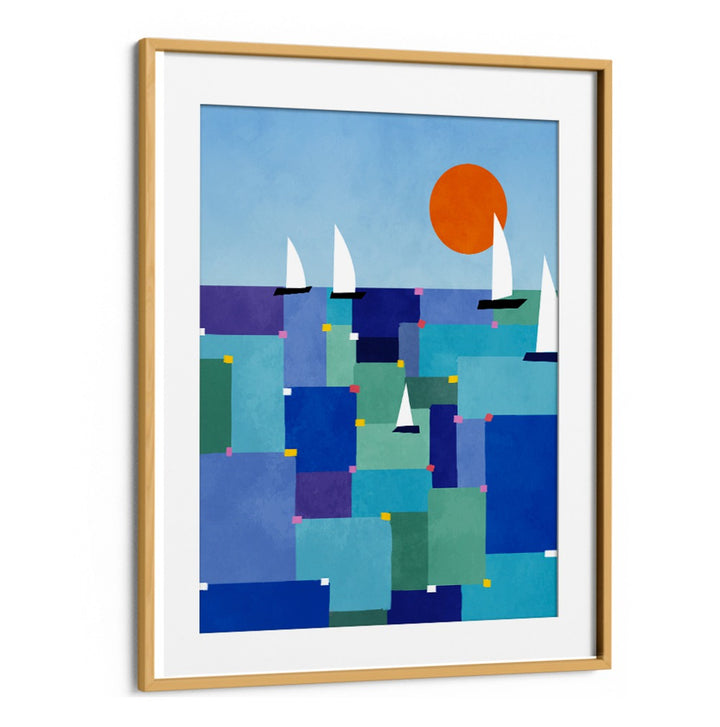 Vibrant RADIANT OCEAN VOYAGE, BEACH PAINTINGS showcasing colorful sails and a sunset, perfect for ocean lovers' decor.