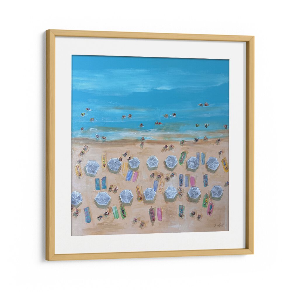 BIRDSEYE WHITE UMBRELLAS, BEACH PAINTINGS showcase vibrant coastal scenes, perfect for brightening any living space.
