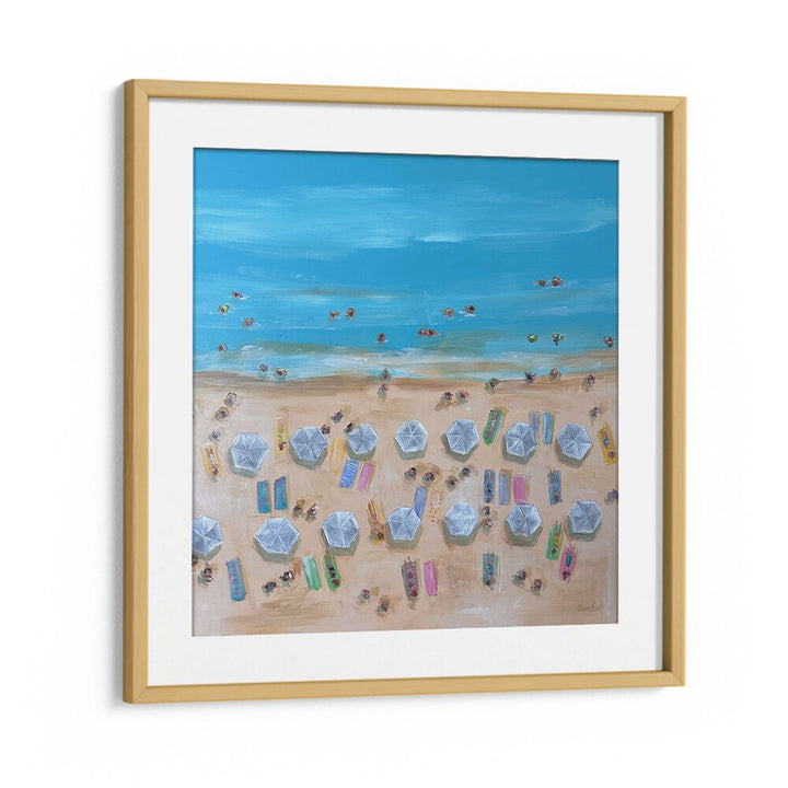 BIRDSEYE WHITE UMBRELLAS, BEACH PAINTINGS showcase vibrant coastal scenes, perfect for brightening any living space.