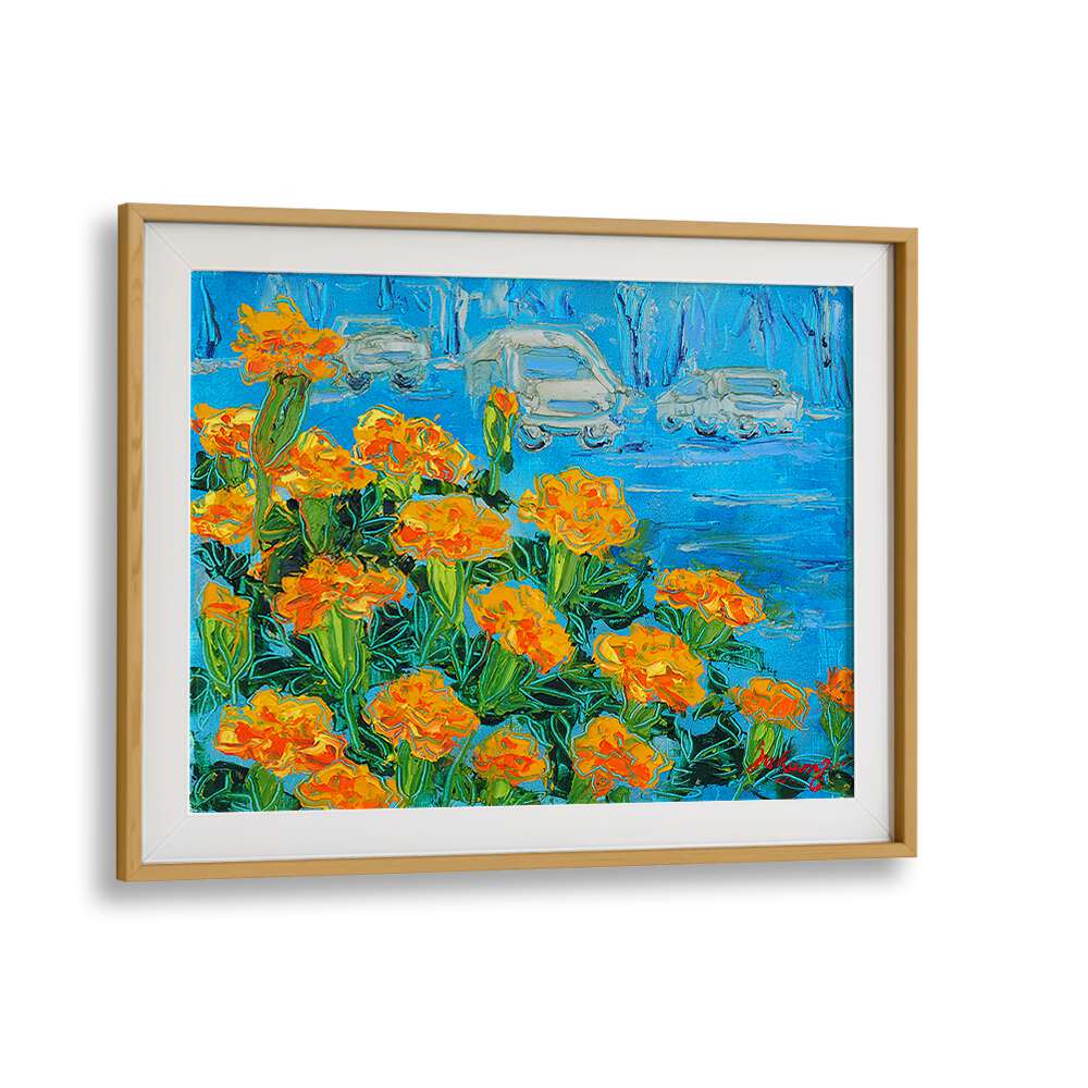 Vibrant MARIGOID CANVAS, FLORAL FLOWER PAINTINGS featuring bright marigolds against a blue background. Perfect for decor.