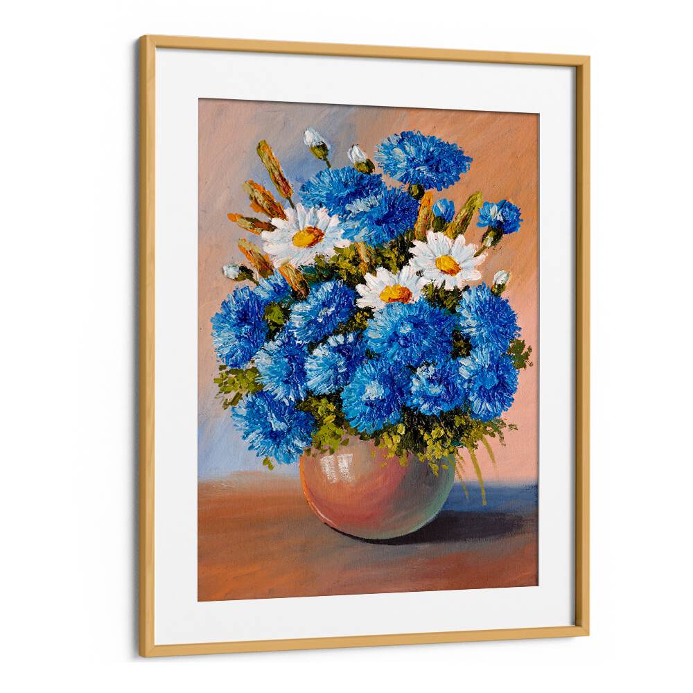 Blue and White Petals Vintage European Paintings in Oak Wood Frame With Mount