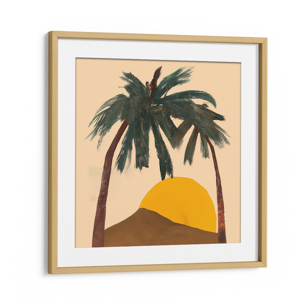 ARCHY PALMS , BEACH PAINTINGS featuring two palm trees with a golden sunset, perfect for coastal-inspired decor.
