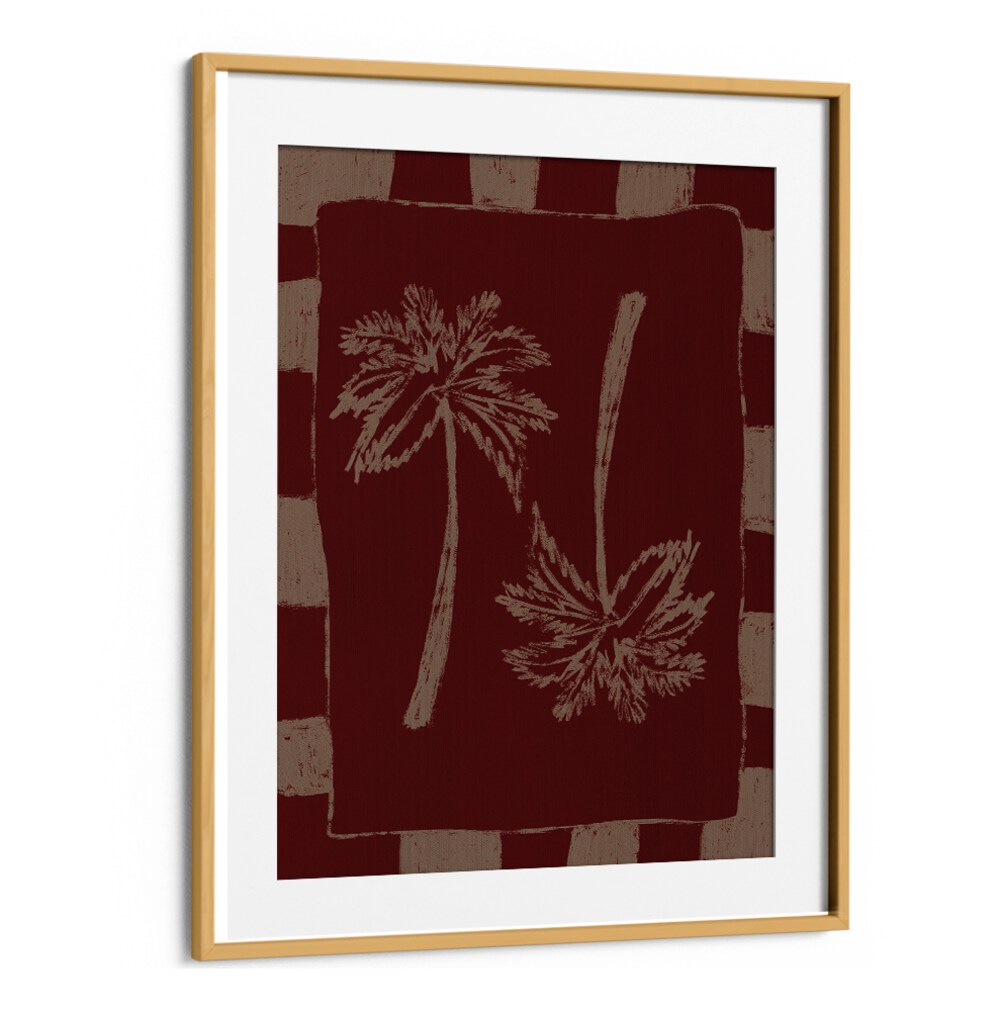 Stylish PALM PARADISE, BOHO ART PAINTINGS featuring palm leaves on a deep red background, perfect for tropical decor.