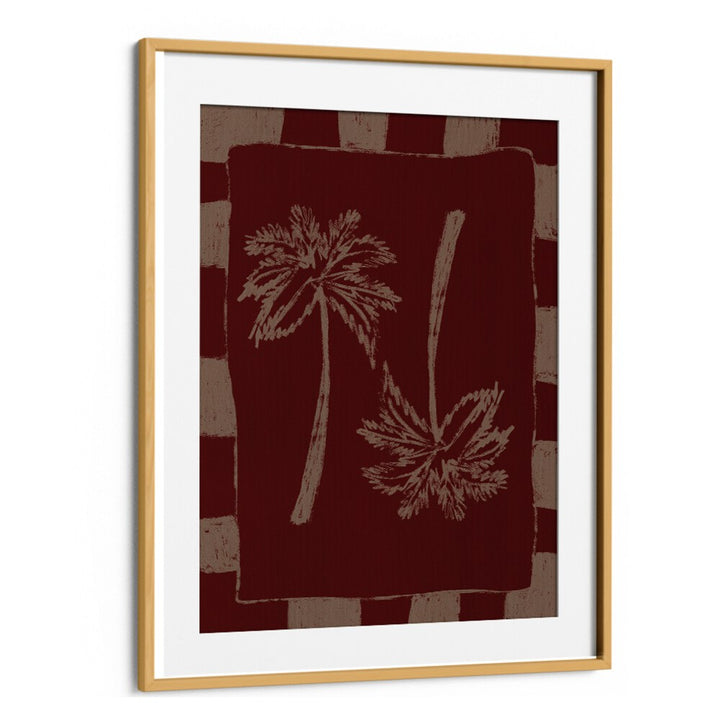 Stylish PALM PARADISE, BOHO ART PAINTINGS featuring palm leaves on a deep red background, perfect for tropical decor.