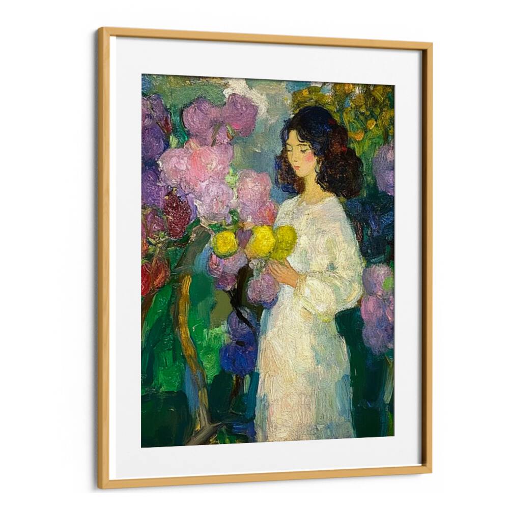 Enchanting GIRL IN THE GARDEN art piece, blending femininity and nature, perfect for any tranquil space.