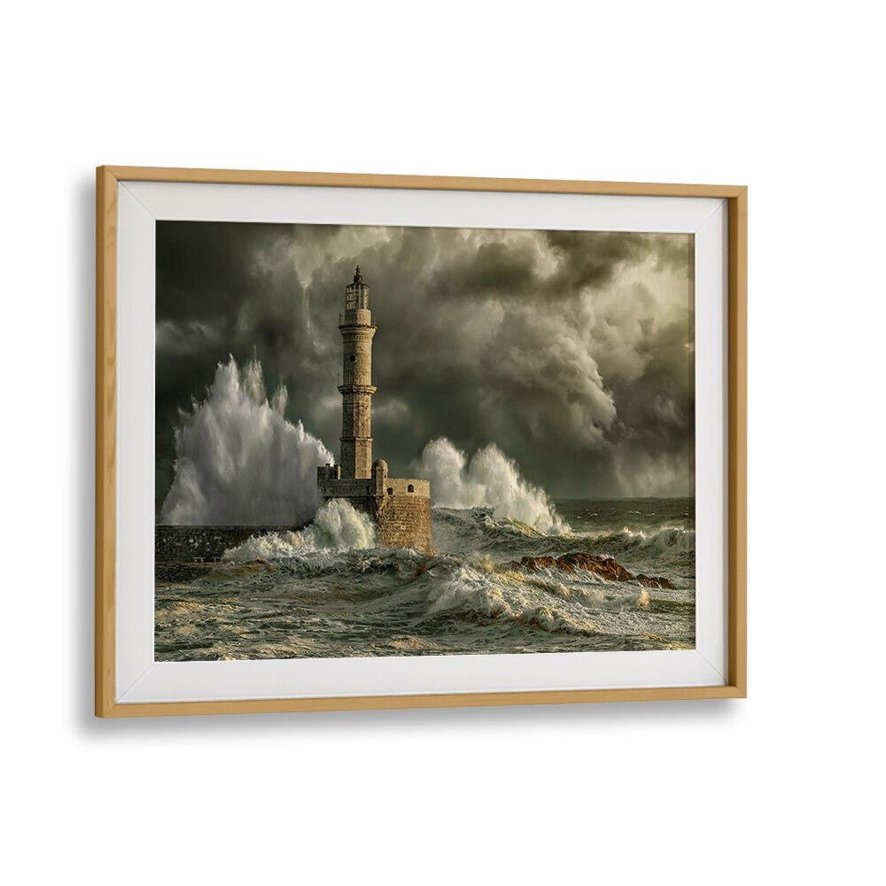Capture the power of nature with CHANIA STORM, PHOTOGRAPHY PRINTS featuring a dramatic lighthouse and crashing waves.