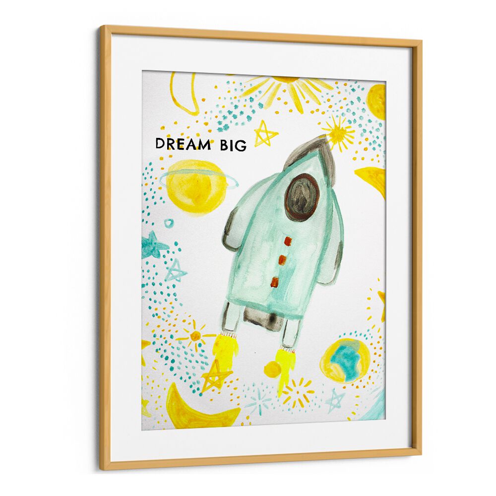 Colorful DREAM BIG, KIDS ROOM PAINTINGS featuring a rocket and stars, perfect for inspiring young imaginations.