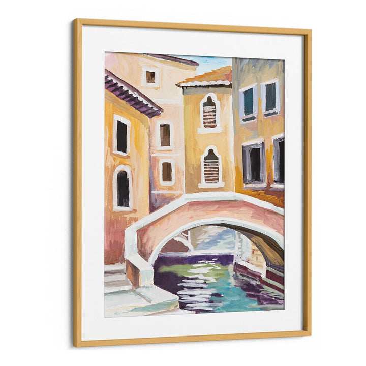 Gondolas and Arches Vintage European Paintings in Oak Wood Frame With Mount