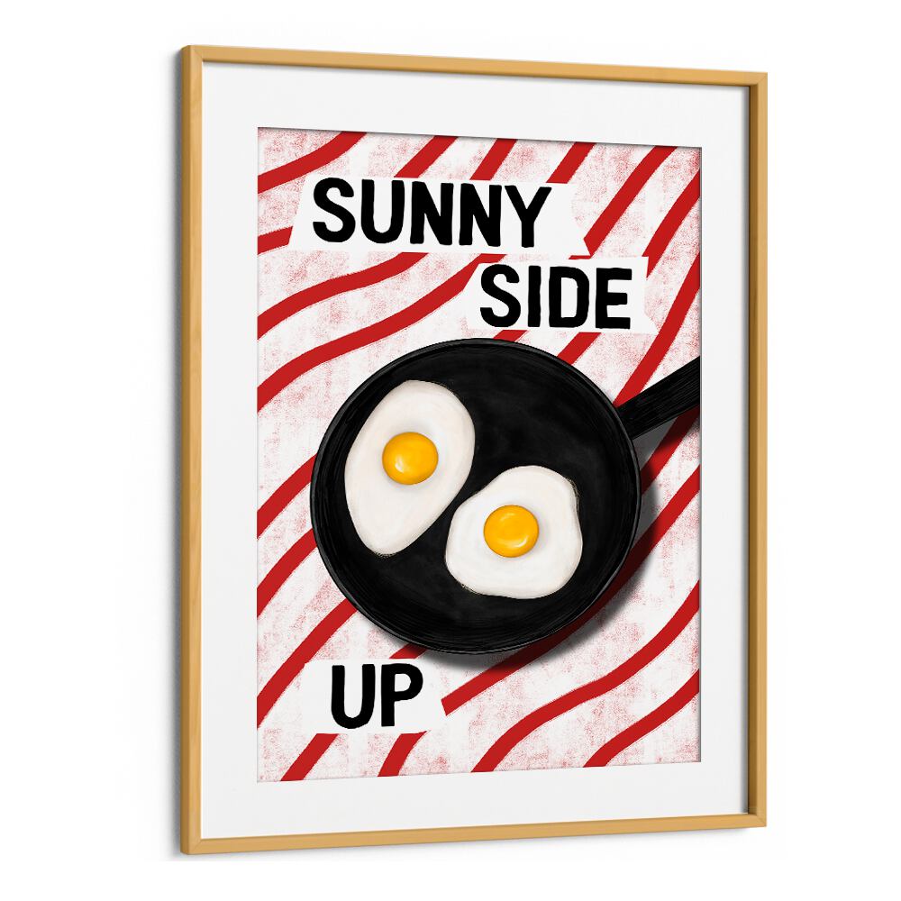 Colorful art featuring "SUNNY SIDE UP , BAR" with fried eggs in a skillet, perfect for cafe decor.