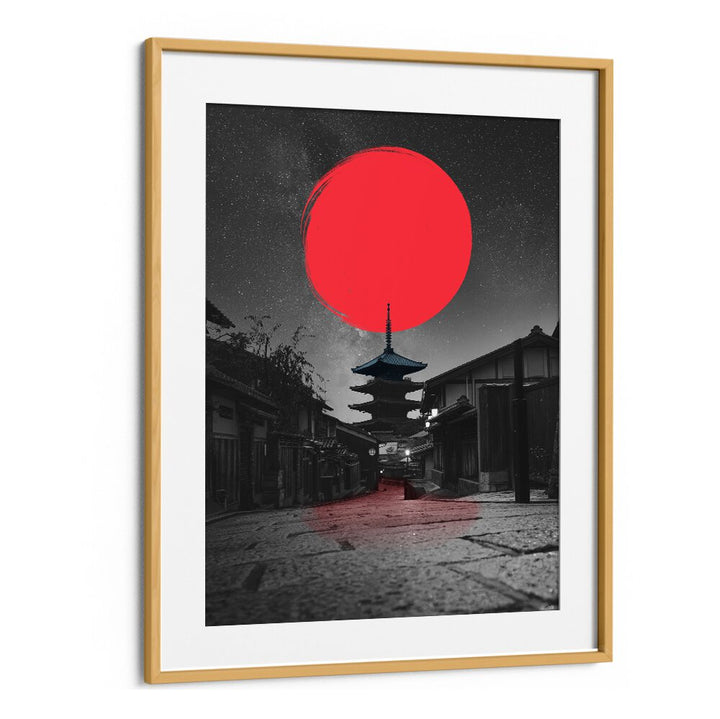 LONELY TEMPLE, JAPANESE PAINTINGS features a striking red sun above a serene pagoda, perfect for home decor.
