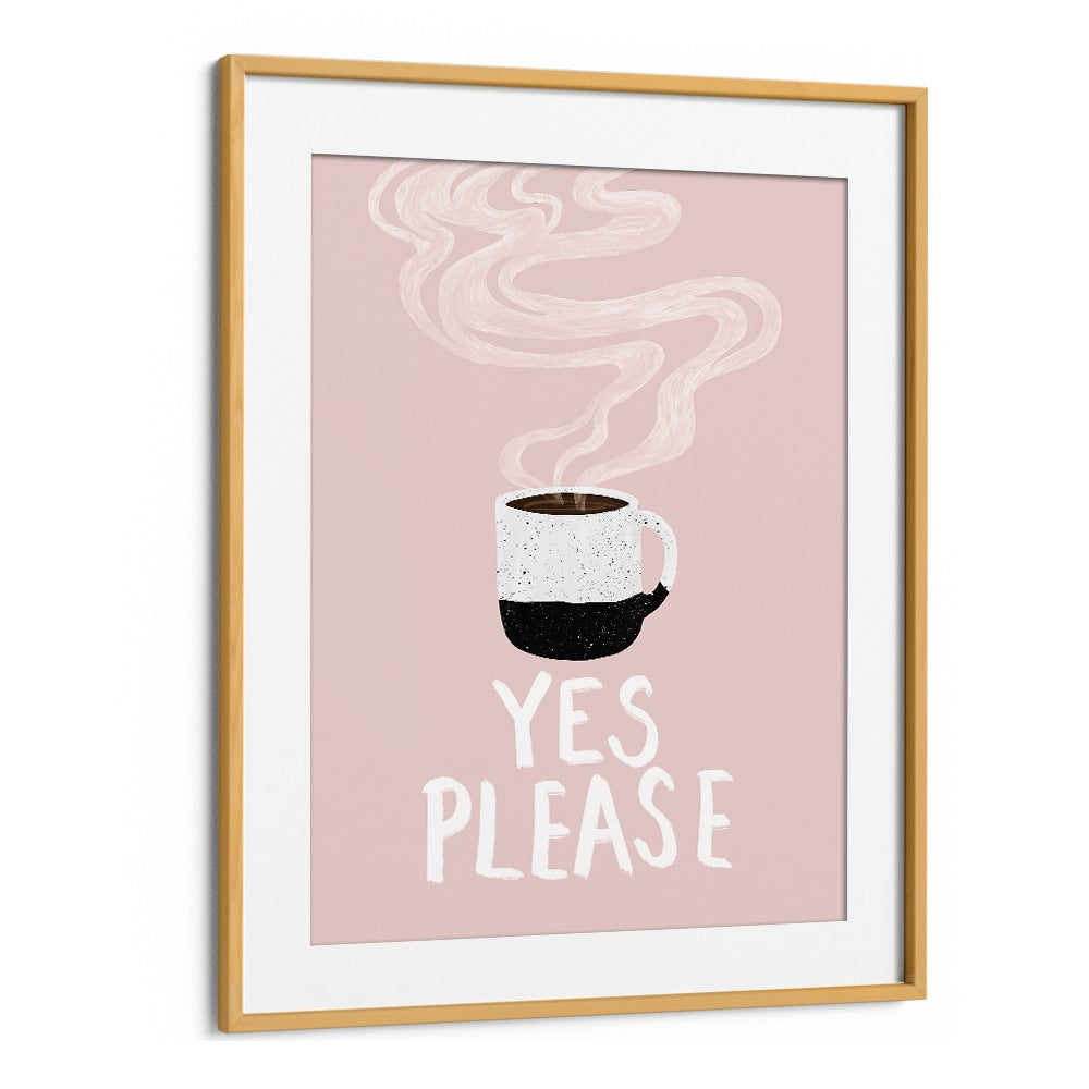 Framed art featuring a coffee cup with the phrase “YES PLEASE , BAR,” perfect for café decor.