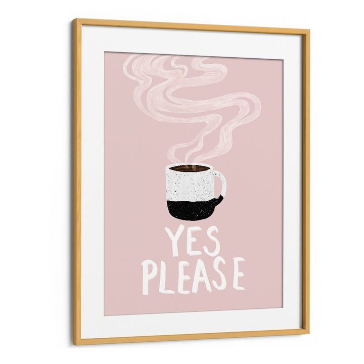 Framed art featuring a coffee cup with the phrase “YES PLEASE , BAR,” perfect for café decor.