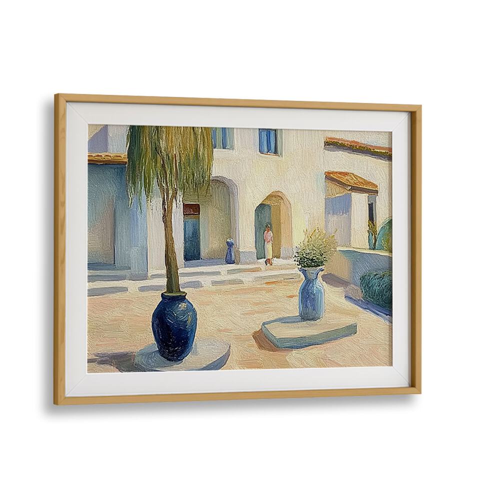 Elegant HOUSE IN A COURTYARD art piece showcasing serene architecture and vibrant colors, perfect for any decor.