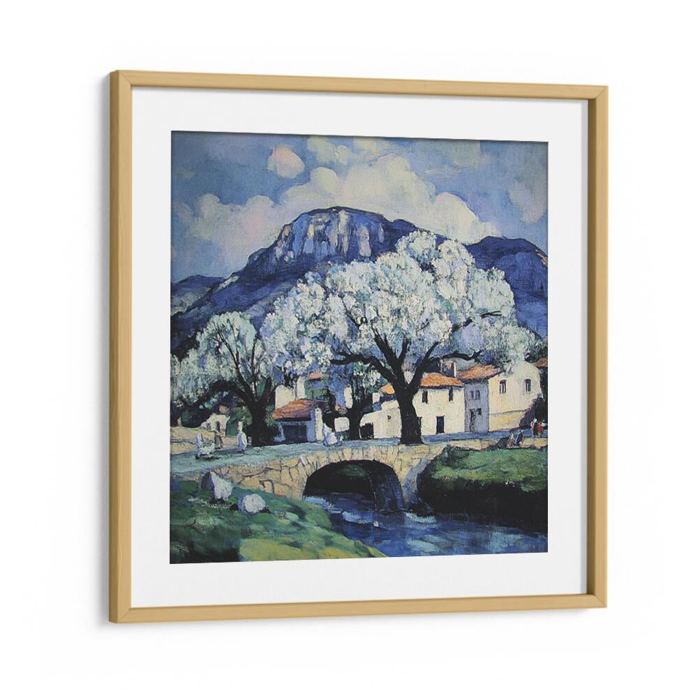 Stunning artwork featuring a picturesque BRIDGE OVER A STREAM, perfect for enhancing home or garden decor.