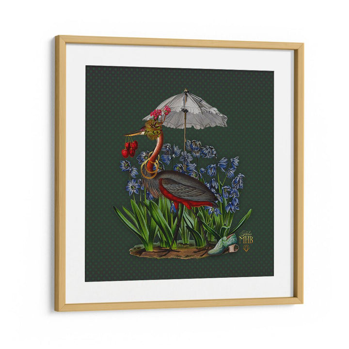 Colorful bird with an umbrella among blue flowers in the ENCHANTED FOREST V, ANIMAL PAINTINGS collection.