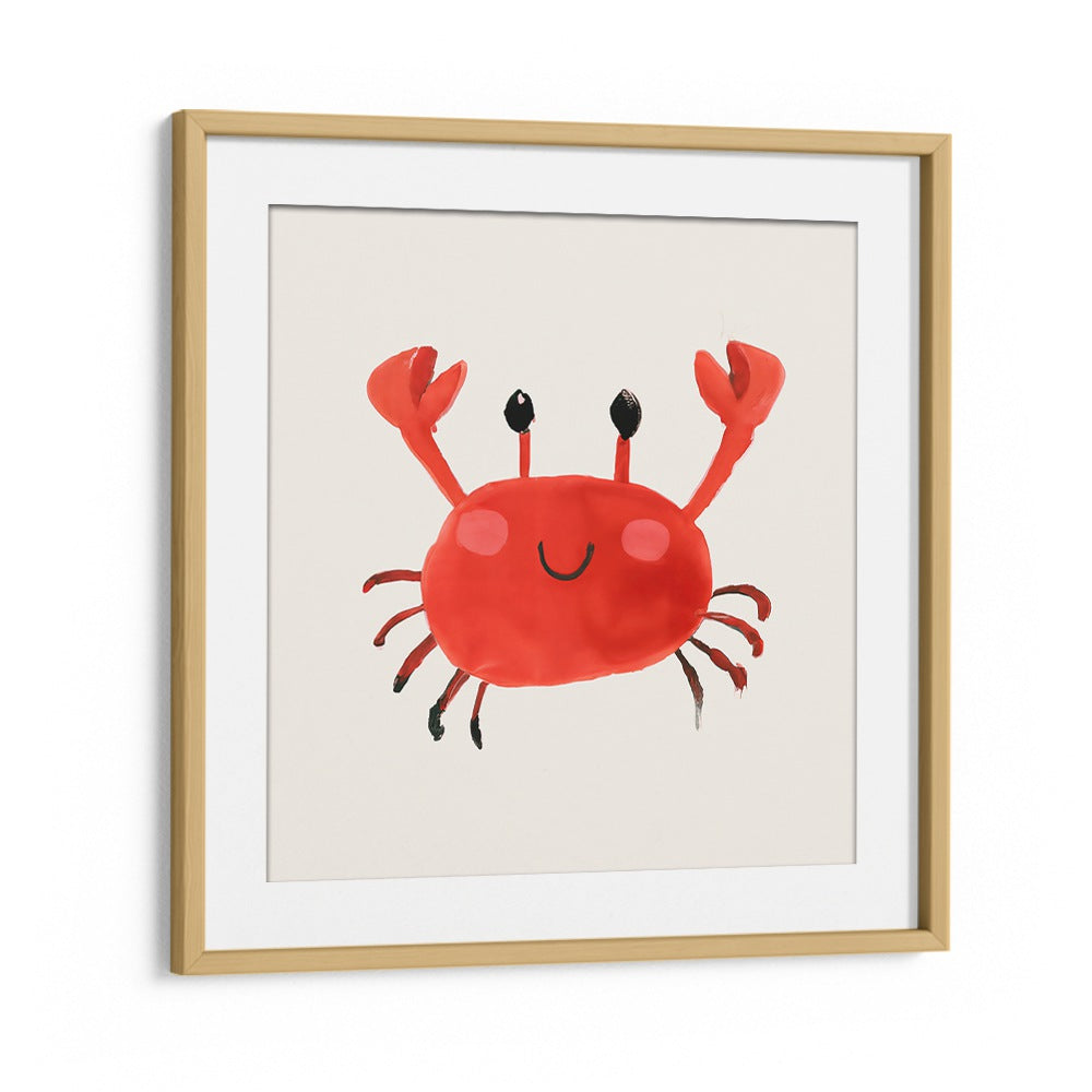 CRABS UP , KIDS ROOM PAINTINGS featuring a cheerful red crab in a wooden frame, perfect for brightening kids’ rooms.