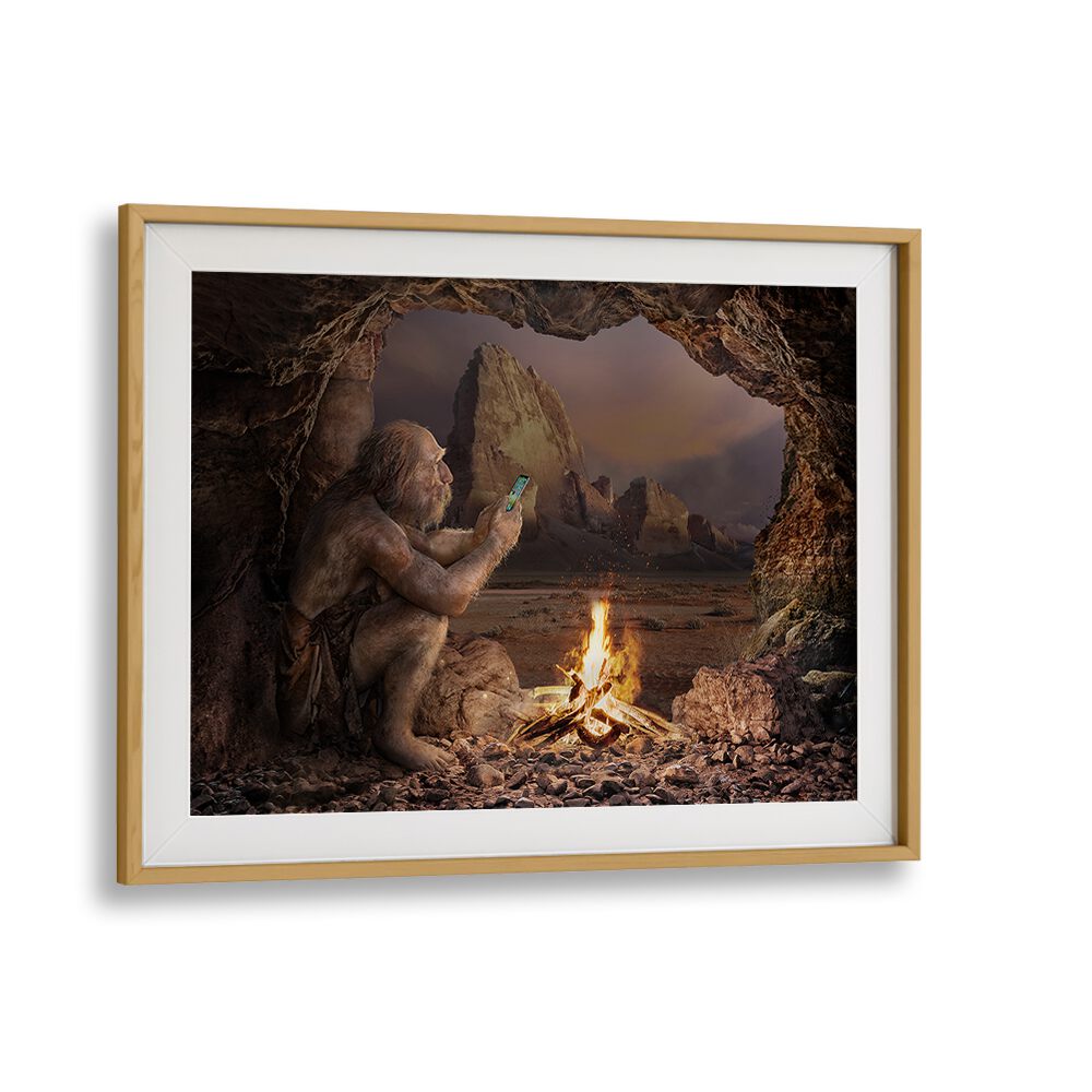 Surreal HOMO SAPIENS MEDIA photography prints featuring a caveman with a smartphone by a fire, perfect for inspiring creativity.
