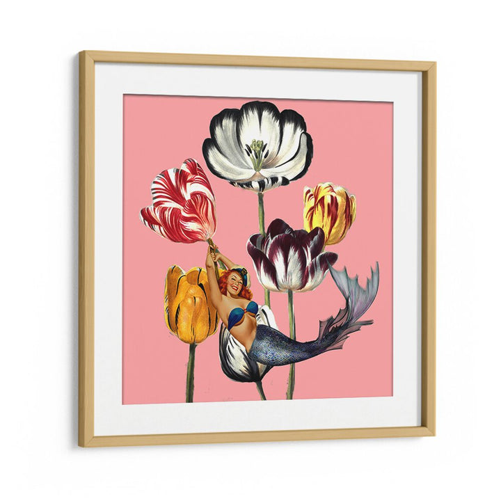 Brightly colored flowers surround a playful mermaid, showcasing the enchanting MERMAID ON EARTH, PORTRAITS design.