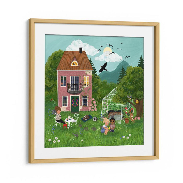 Whimsical scene of kids playing in a vibrant garden, perfect for a cheerful kids room painting, SUMMERDAY IN THE GARDEN.