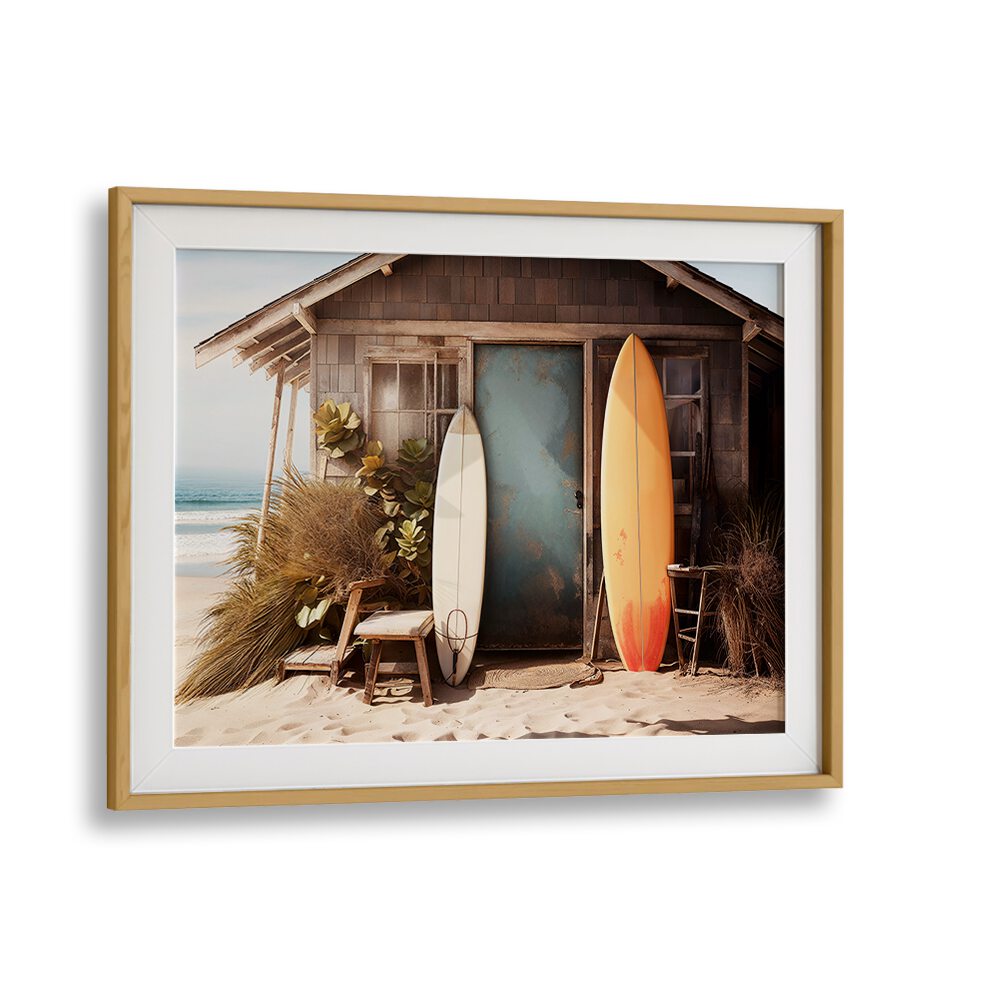 Vintage Vibrance beach paintings showcasing a charming beach house with surfboards, perfect for nostalgic decor.