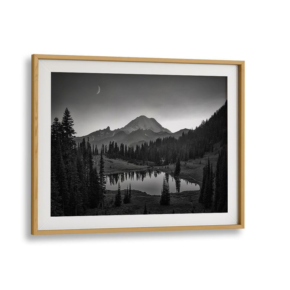Black and white MT. RAINIER, PHOTOGRAPHY PRINTS capturing stunning landscape reflections in tranquil waters.