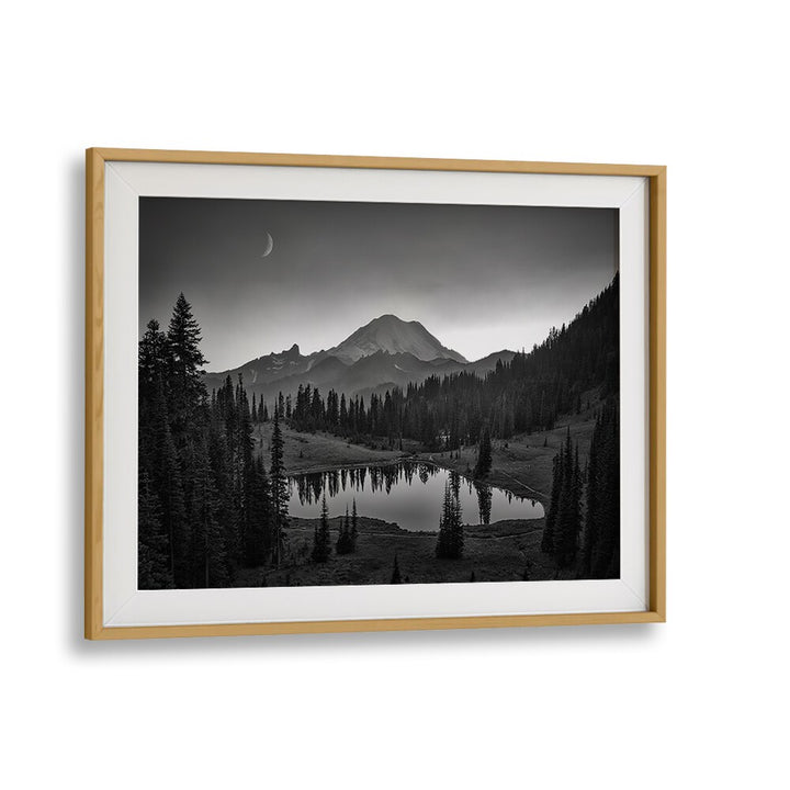 Black and white MT. RAINIER, PHOTOGRAPHY PRINTS capturing stunning landscape reflections in tranquil waters.