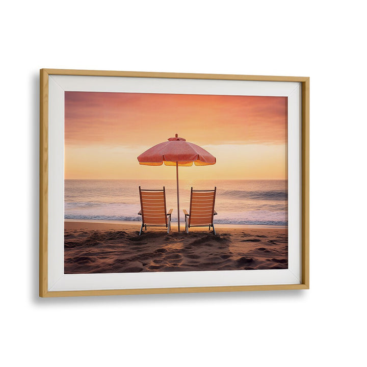 Serene sunset view of two chairs under an umbrella, showcasing BOTH FACING THE OCEAN, BEACH PAINTINGS by Philippe Hugonnard.