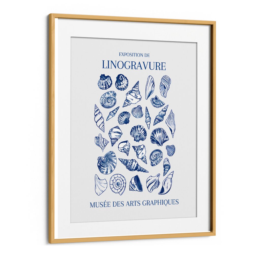 LINO SEASHELL ART MARKET, BEACH PAINTINGS showcase detailed seashell linocuts in a stylish frame, perfect for coastal decor.