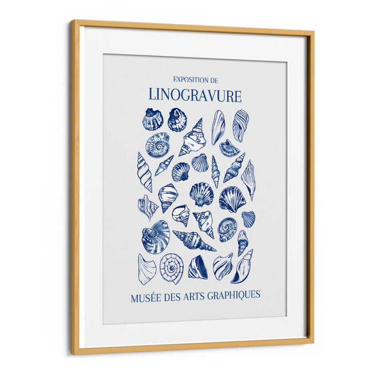 LINO SEASHELL ART MARKET, BEACH PAINTINGS showcase detailed seashell linocuts in a stylish frame, perfect for coastal decor.