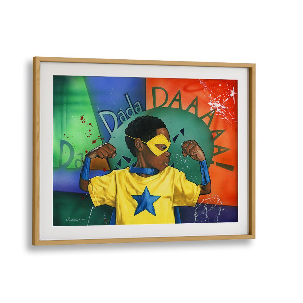 Vibrant DADADDAAA, AFRICAN ART PAINTINGS showcasing a young superhero in a colorful, dynamic setting. Perfect for modern decor.