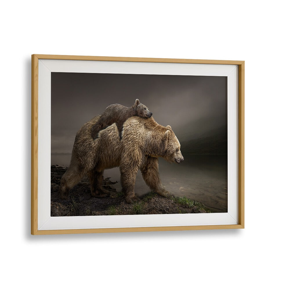 Whimsical BABY BEAR, PHOTOGRAPHY PRINTS featuring a baby bear on its mother's back, perfect for art lovers.